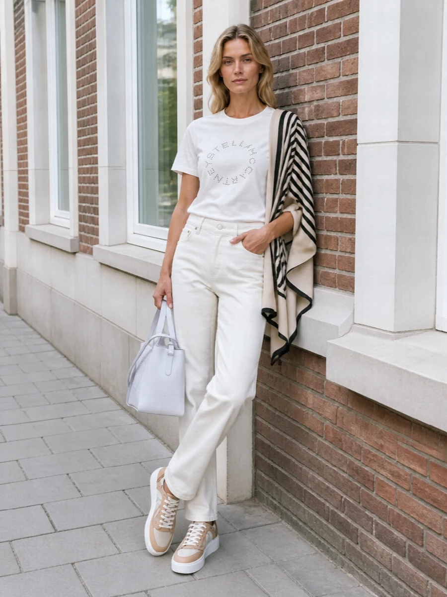 Stella mccartney white tee off white trousers outfit