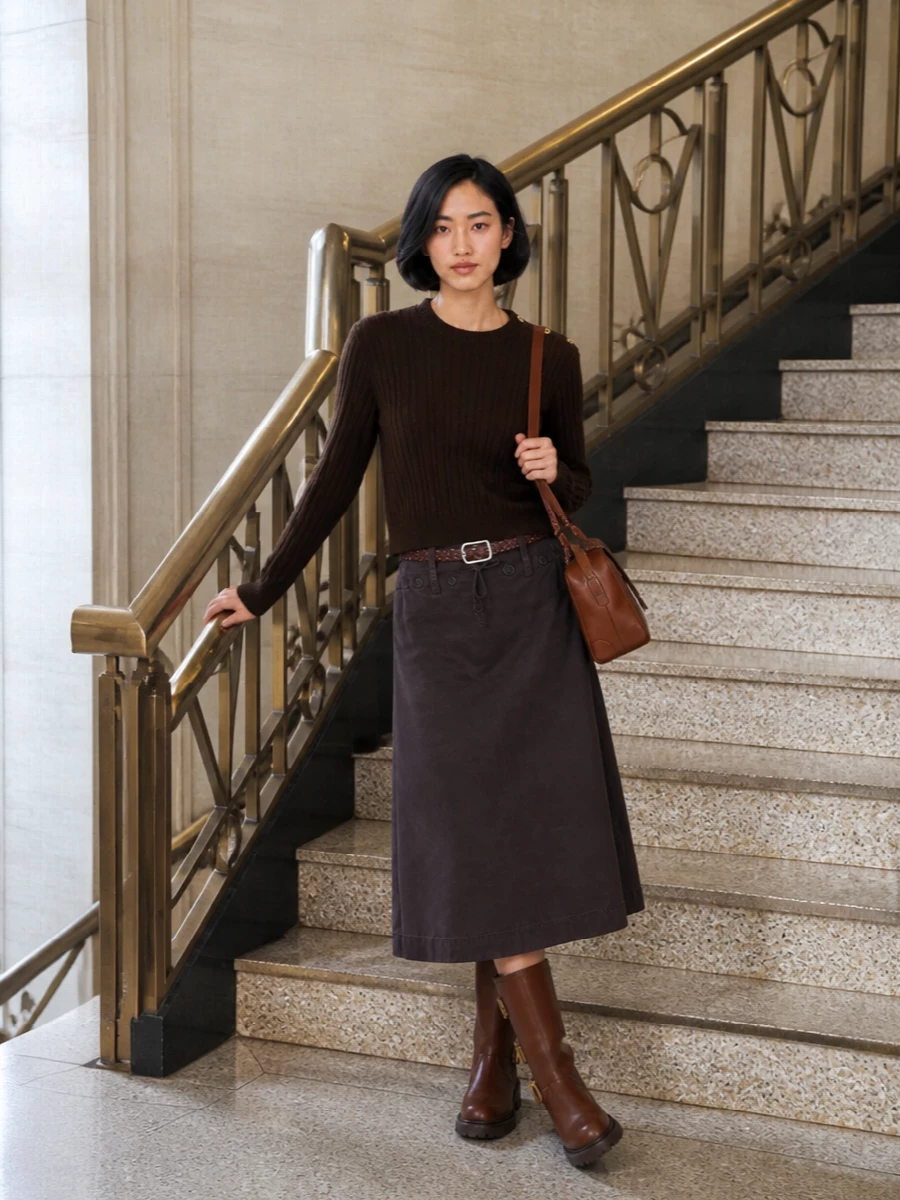 Utility, streetwear and quiet polish meet in a brown-on-brown story that keeps the A-line midi grounded and easy. The cropped chocolate knit and braided suede belt define the waist without fuss, while rugged cognac boots and a structured crossbody bring just enough weight and structure for city days. It is relaxed, textured and practical, with a quiet rock edge rather than overt drama.