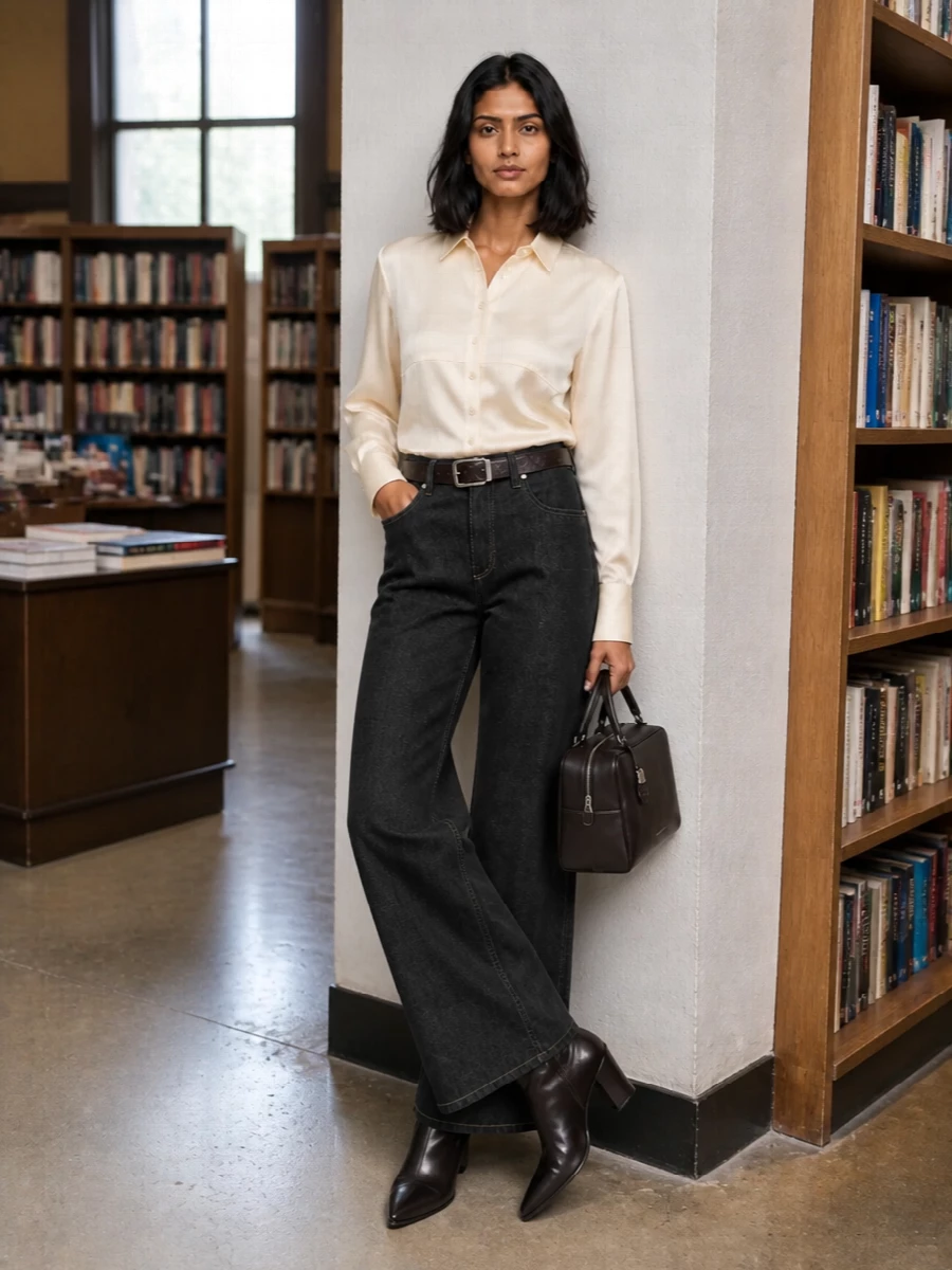 Brunello cucinelli wide leg jeans silk shirt outfit