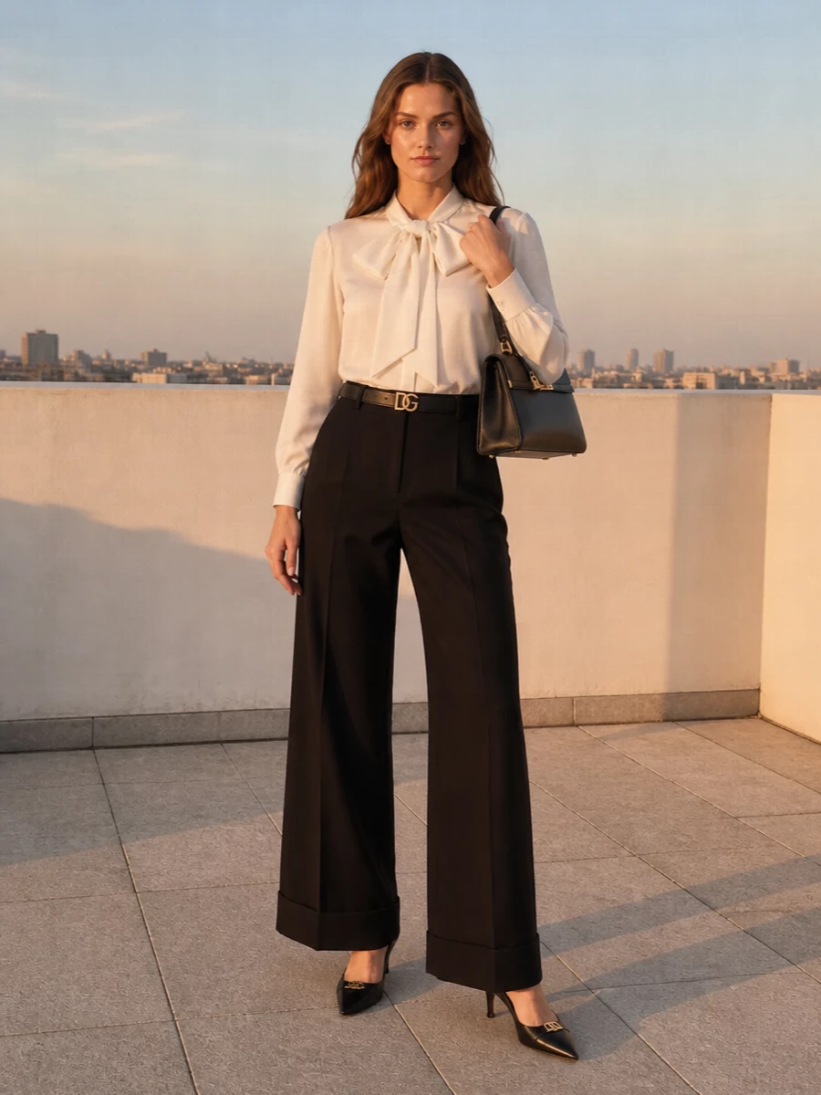 Dolce gabbana black wide leg trousers bow blouse