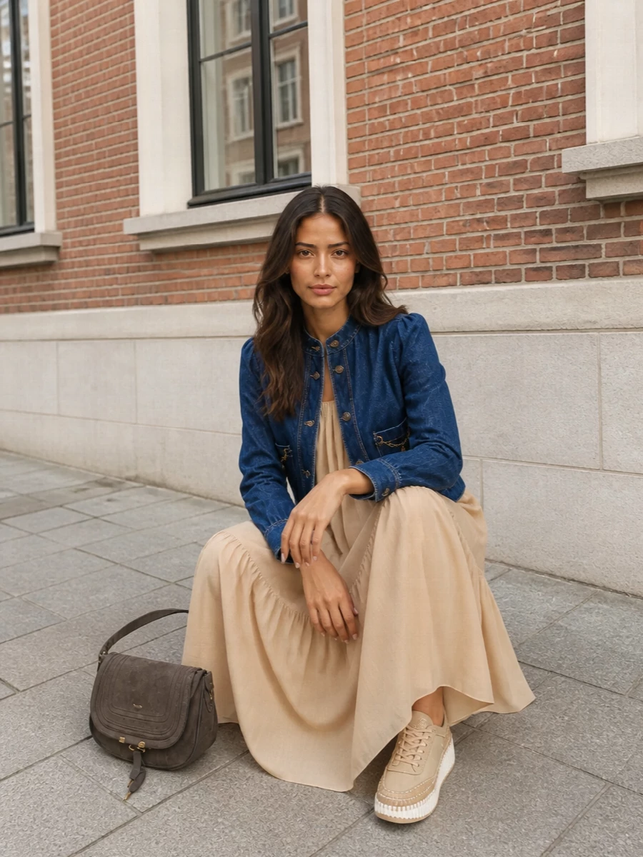 I’m styling the denim jacket over the sand tiered slip maxi, so you get that Chloé mix of structure on top and liquid movement below in a warm, tonal palette. Sculpted neutral sneakers keep it relaxed and modern, while the suede shoulder bag deepens the browns to tie back to the jacket’s gold chain trim. It is an easy city-to-holiday outfit where the jacket does the work and everything else quietly supports it.