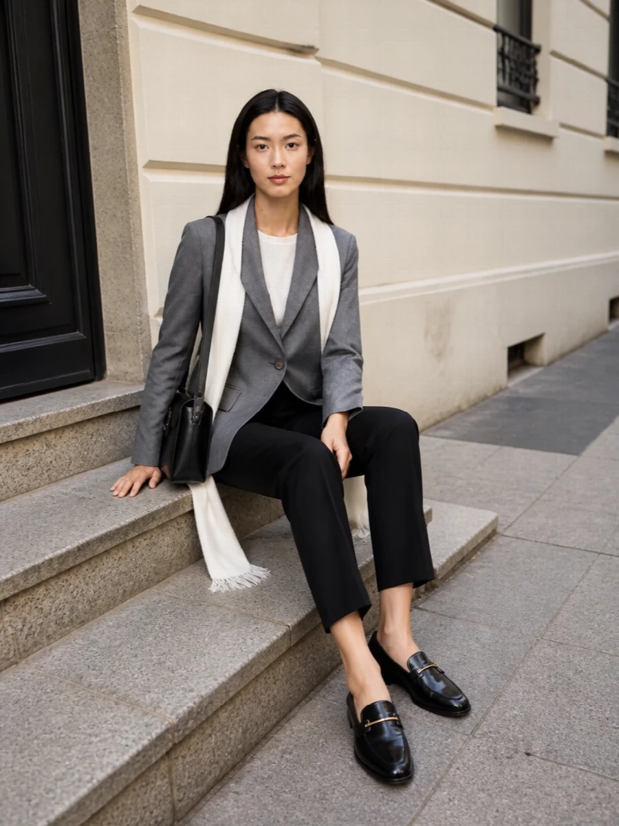 Max mara grey blazer black trouser outfit