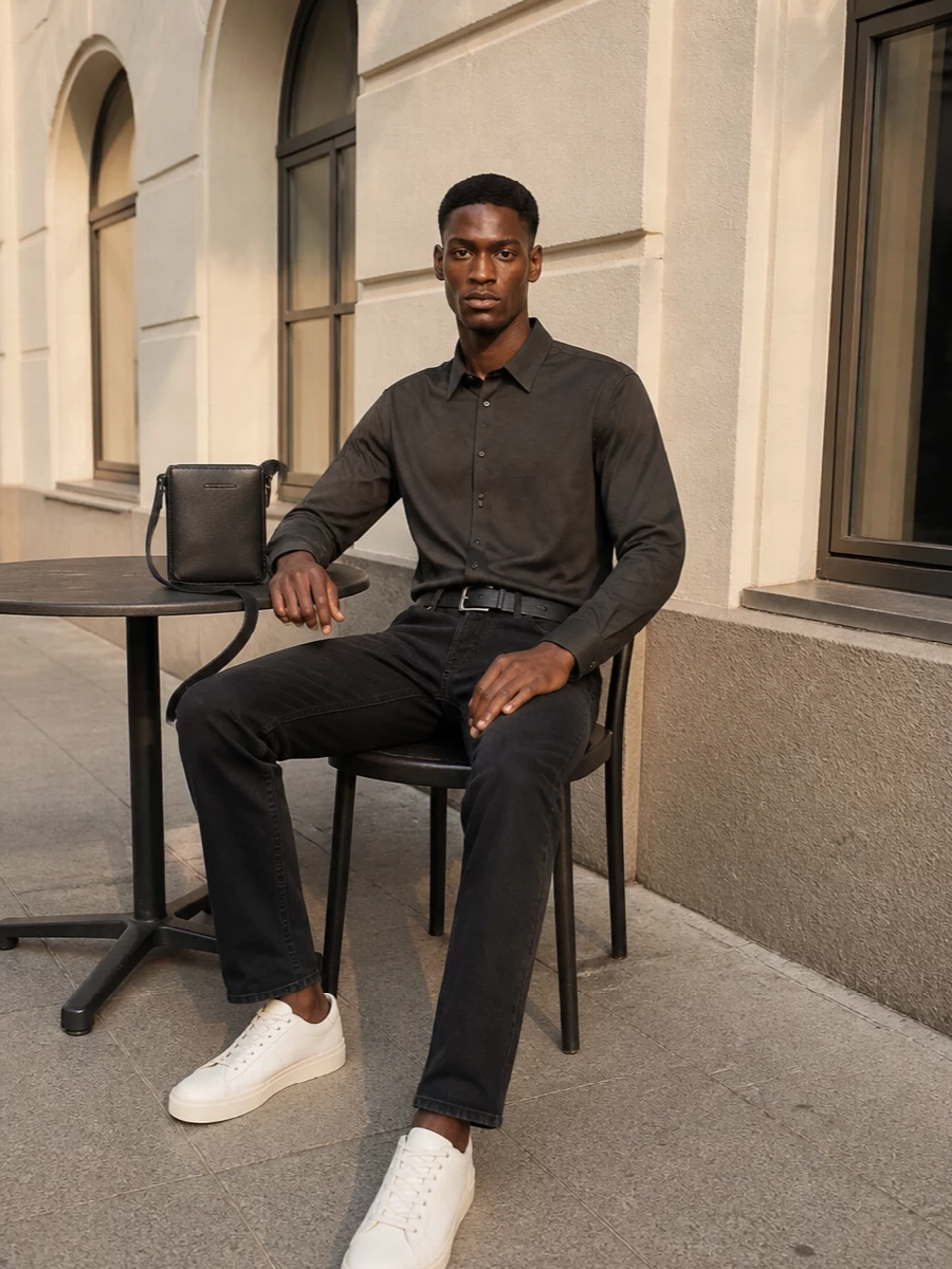 Emporio armani charcoal shirt black jeans sneakers