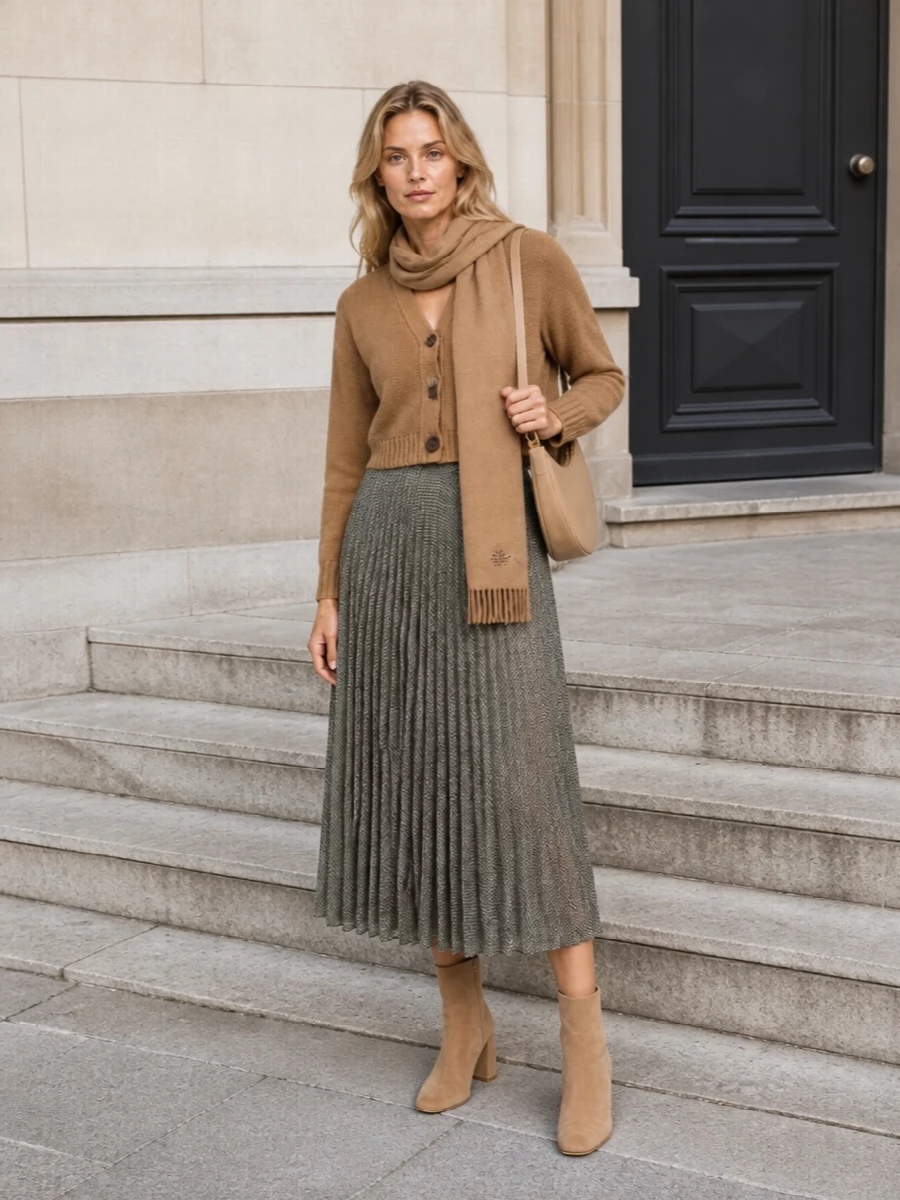 A cropped camel cardigan sits above a softly architectural pleated midi, giving a gentle waist emphasis and easy movement. Camel suede ankle boots and a curved beige shoulder bag keep everything in the same warm, minimalist register. A simple camel scarf finishes the outfit with extra texture and length for cooler days.