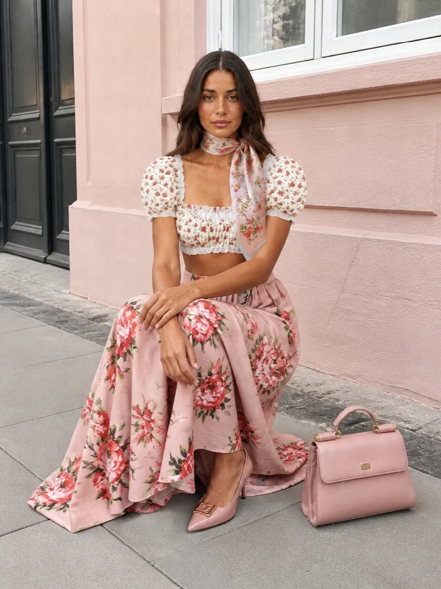 Dolce gabbana floral crop top midi skirt outfit