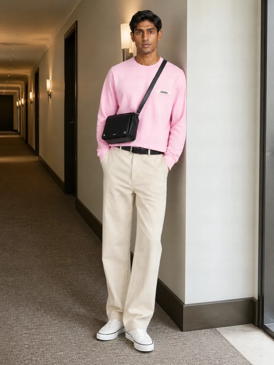 Jacquemus pastel crewneck beige trousers outfit