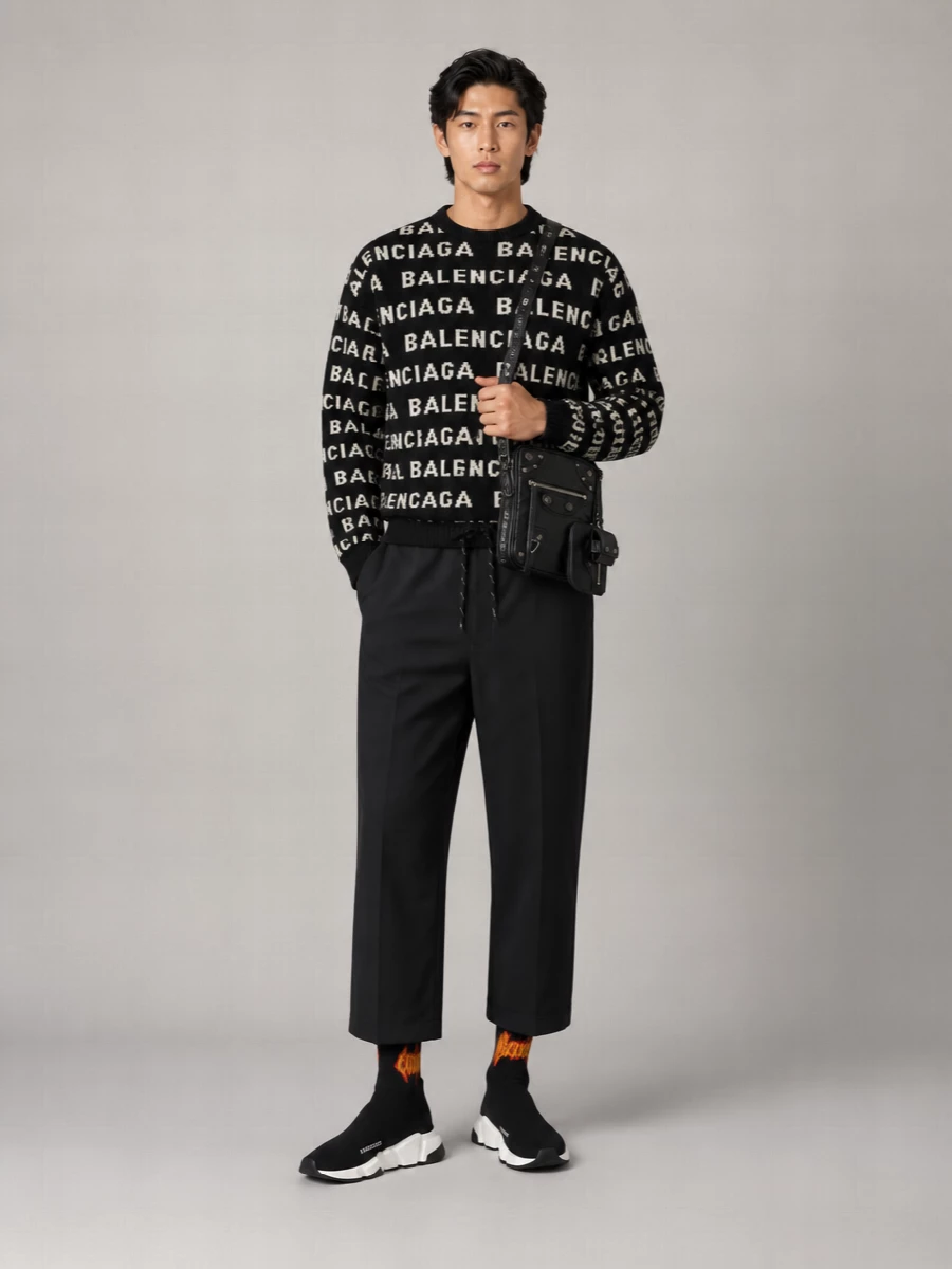Balenciaga Wool Logo-Intarsia Crew-Neck Sweater
