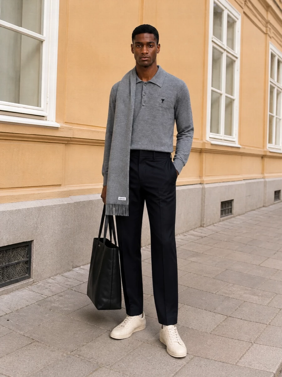 Ami grey polo navy trousers cream sneakers