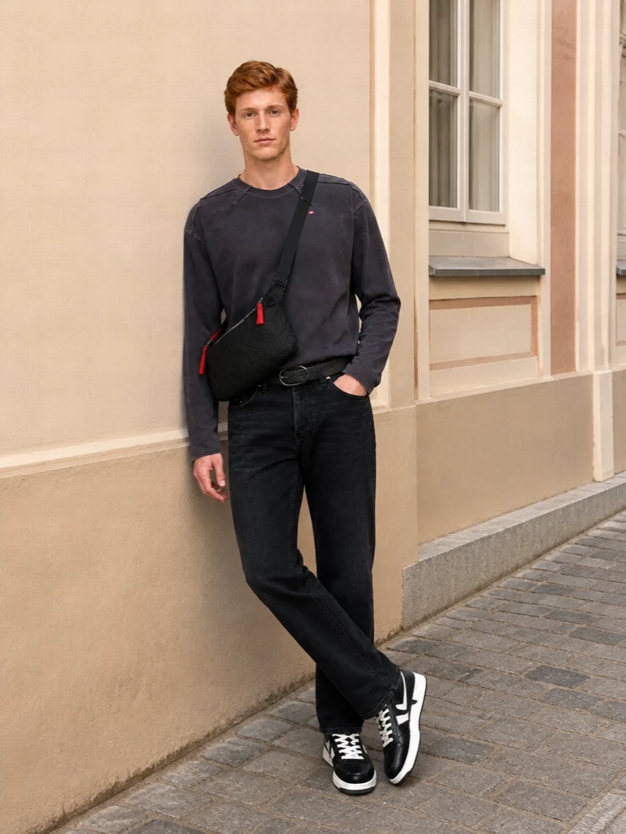 Diesel black jeans charcoal sweatshirt sneakers