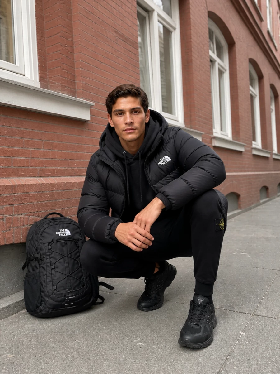 North face puffer stone island pants outfit