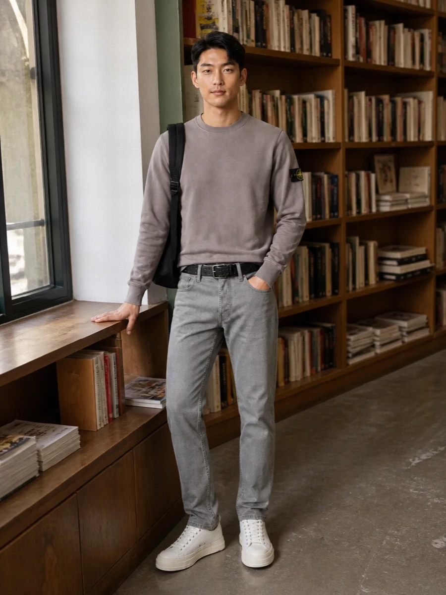 Stone island grey jeans taupe sweatshirt outfit