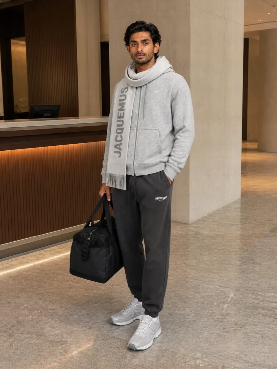 Nike grey hoodie charcoal joggers new balance sneakers