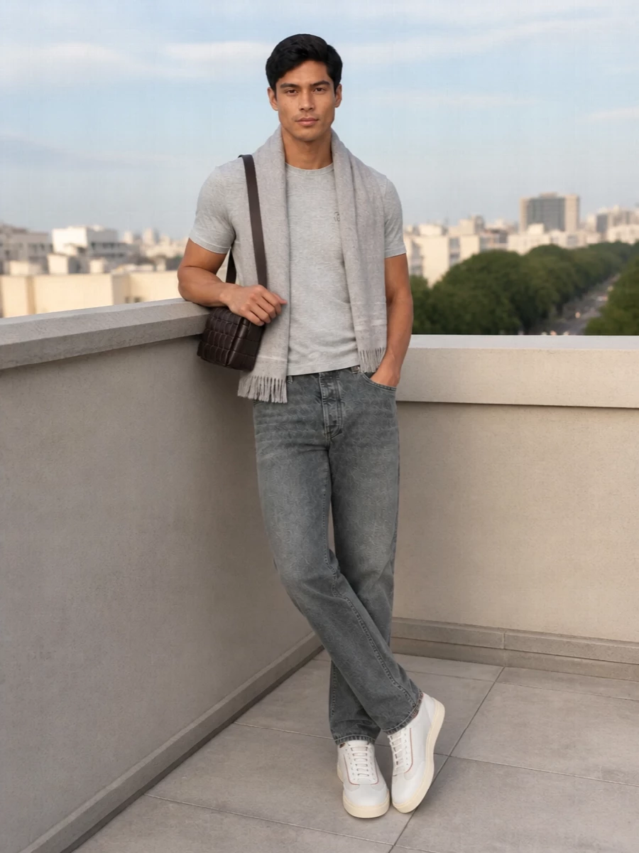 Brunello cucinelli grey tee charcoal jeans outfit