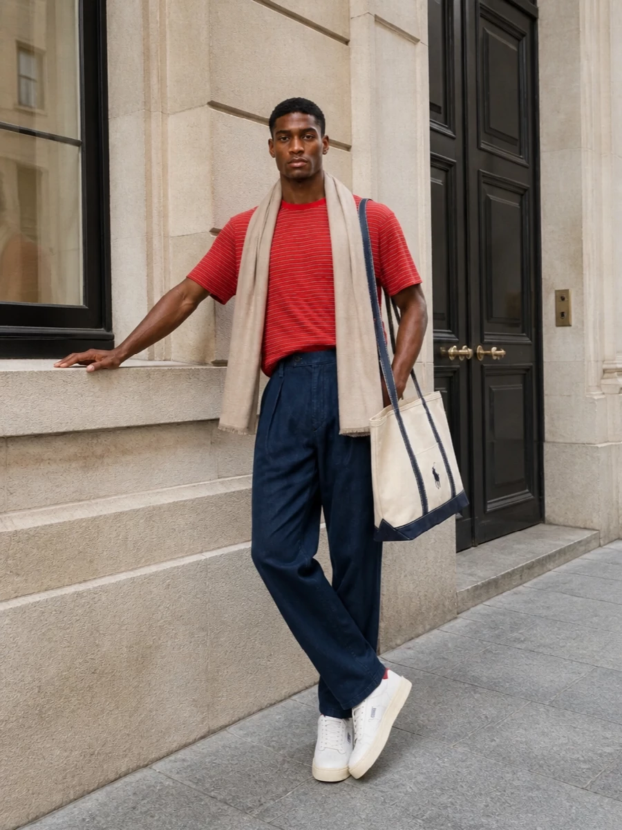 Auralee striped tee apc trousers autry sneakers