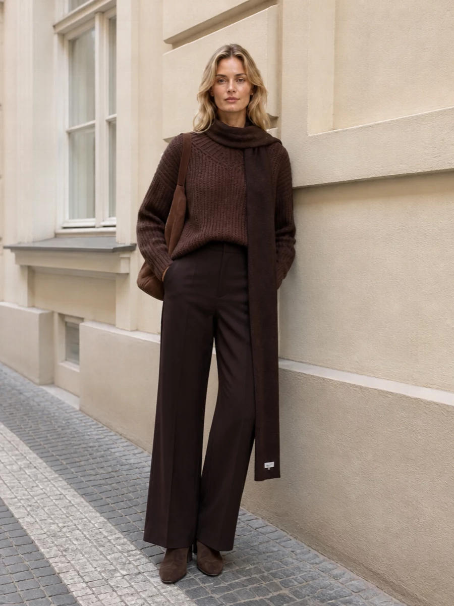 A deep tonal story in chocolate and espresso keeps the sweater grounded and quietly confident, with the high-rise wide leg elongating the line beneath its curved hem. Suede ankle boots and a soft hobo bag introduce subtle texture shifts without breaking the palette. The narrow scarf finishes it with a simple vertical accent that still feels minimal and intentional.
