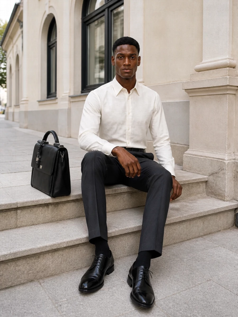 Dolce gabbana ivory shirt charcoal trousers outfit