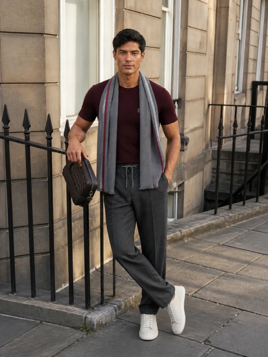 Brunello cucinelli burgundy tee charcoal trousers