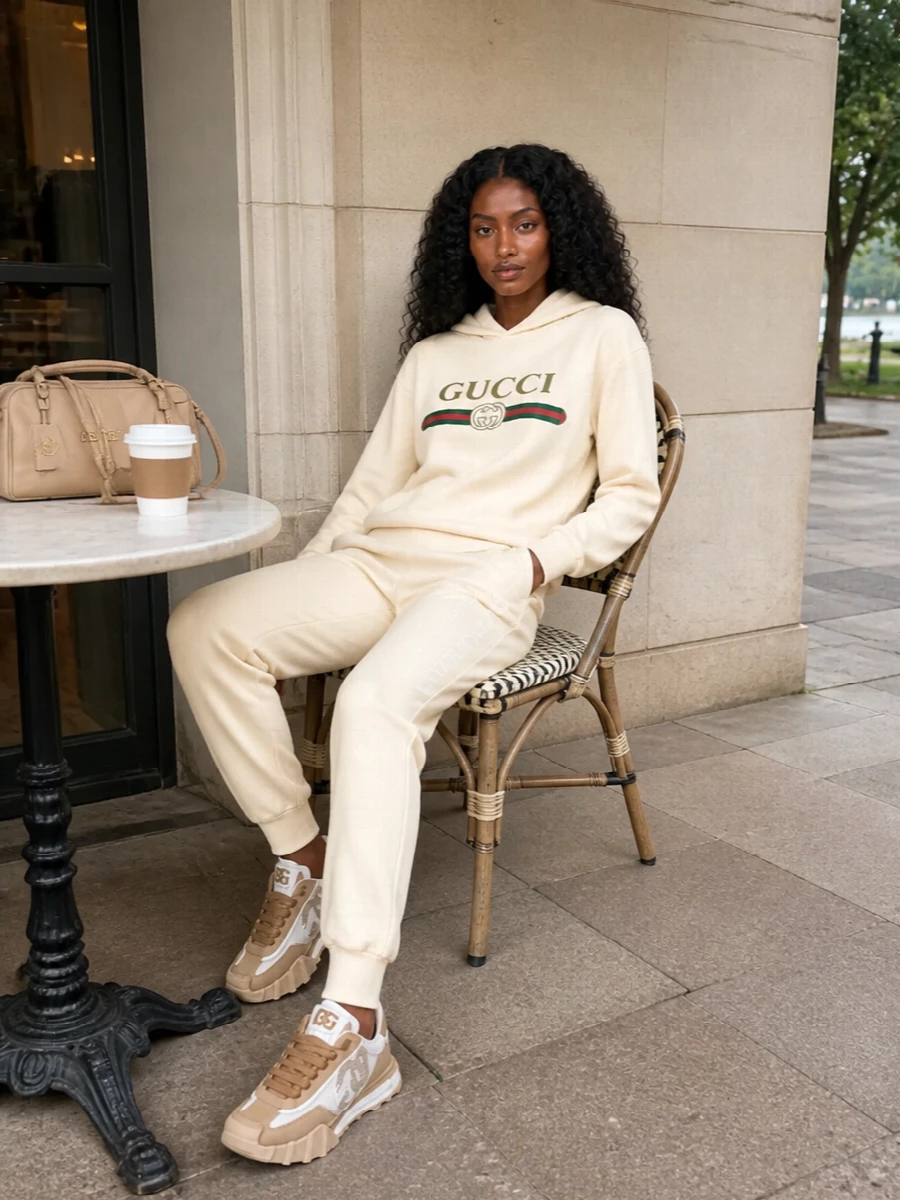 A buttercream Gucci hoodie paired with tonal joggers creates a soft, monochrome base that feels sporty and intentional rather than thrown on. Neutral chunky sneakers keep the palette warm and grounded, while a structured beige shoulder bag adds just enough refinement to take this from coffee run to casual lunch without a change. The result is relaxed streetwear with a clean, preppy edge and a clear designer point of view.