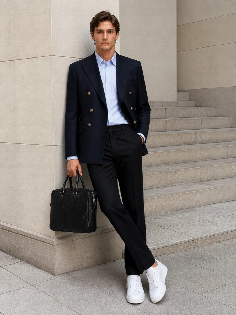 A navy double-breasted blazer sits over a pale striped shirt and precise black pleated trousers, giving a clear, quietly confident take on modern city tailoring. Clean white sneakers relax the formality just enough, while a structured black Gucci briefcase keeps the whole story business-dinner ready rather than strictly office. It is a composed, Italian-inflected uniform for days that move smoothly from meetings into late reservations.