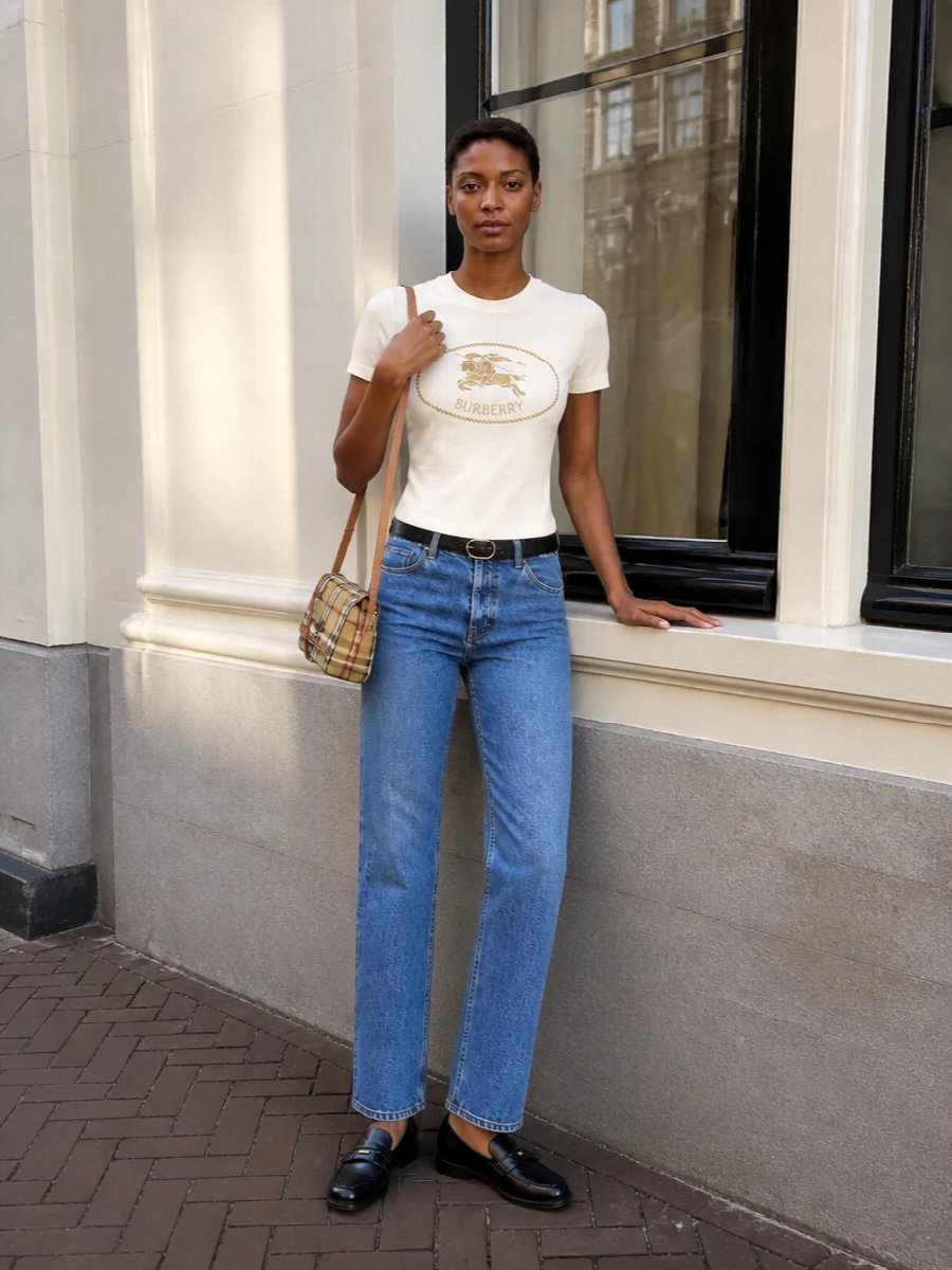 Burberry crest tee straight jeans loafers