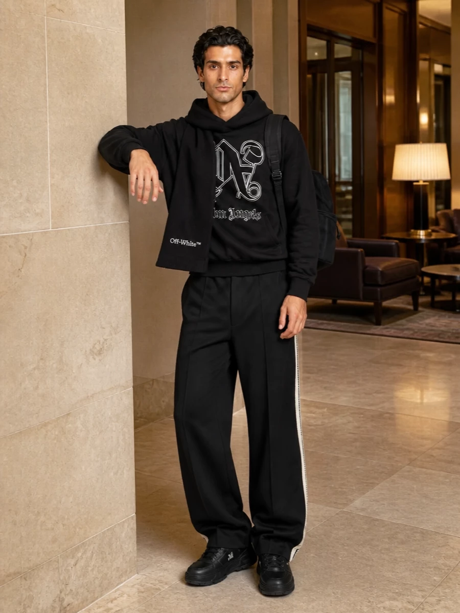 Palm angels hoodie wide leg trousers amiri sneakers