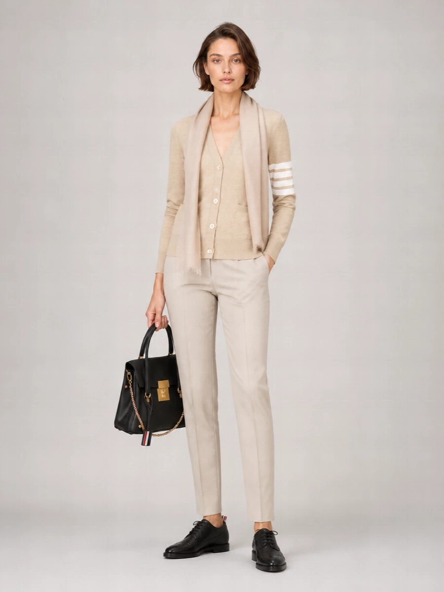 A sand-toned cardigan and matching light-beige trousers create a softly tailored column that feels calm and collegiate. Sharp black oxfords and a structured satchel introduce just enough contrast to keep it precise. A whisper-light beige scarf adds texture without disturbing the quiet palette.