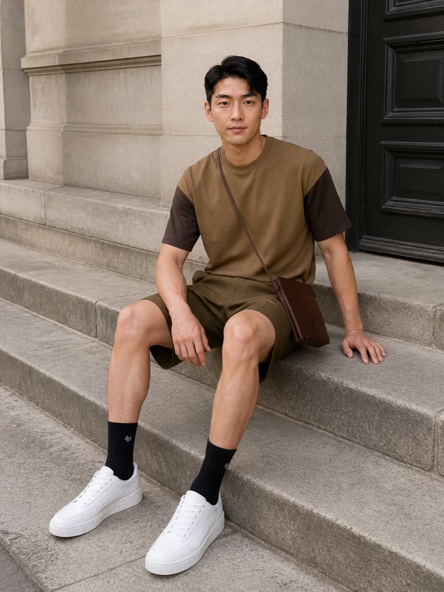 Comme des garcons camel knit olive shorts outfit