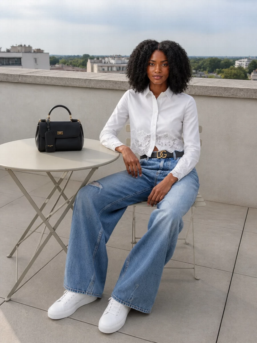 High-rise, sculptural denim meets a corset-cut white shirt for a clean, waist-focused silhouette that still feels relaxed. All-white sneakers keep it fresh and leggy, while a structured black mini bag and slim logo belt bring just enough Italian polish. The result is street-informed but sharply pulled together, ideal for city days that demand both ease and intention.