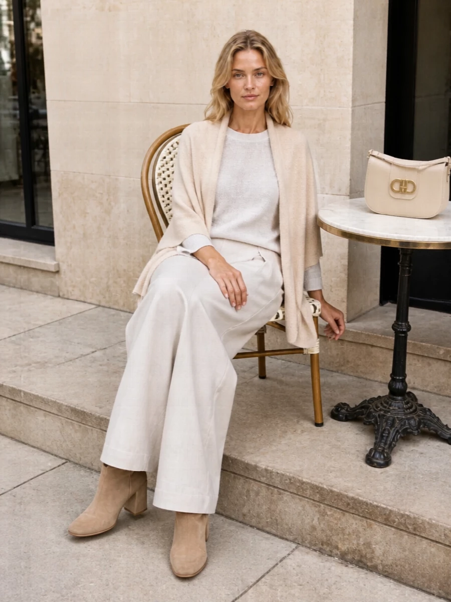 Soft white and pale stone set a calm, tonal base, with the high-waisted wide leg giving structure to the boxy knit. Camel suede boots and a warm-cream shoulder bag introduce just enough contrast while keeping the palette warm and quiet. The result is relaxed but city ready, ideal for days that move between home, errands and a discreet lunch reservation.