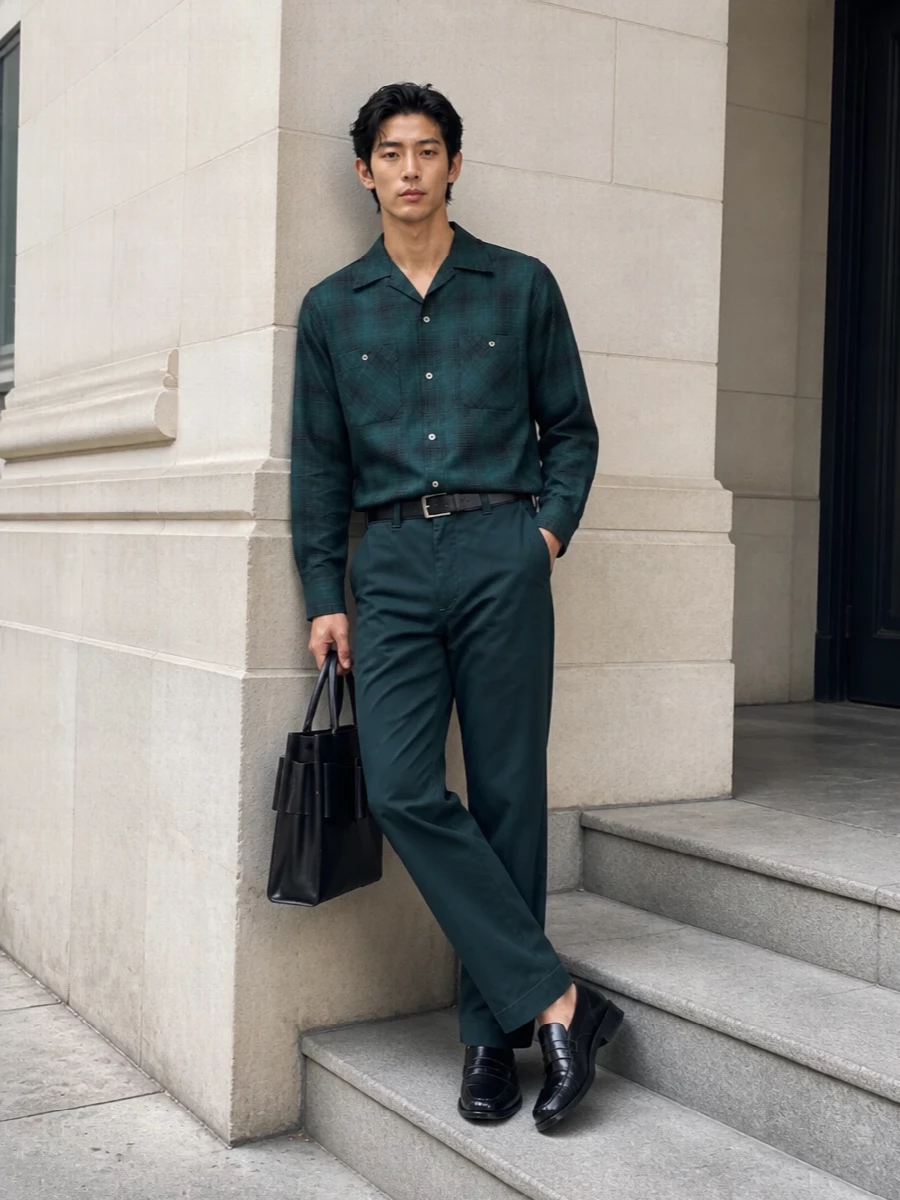 Needles teal trousers check shirt tods loafers
