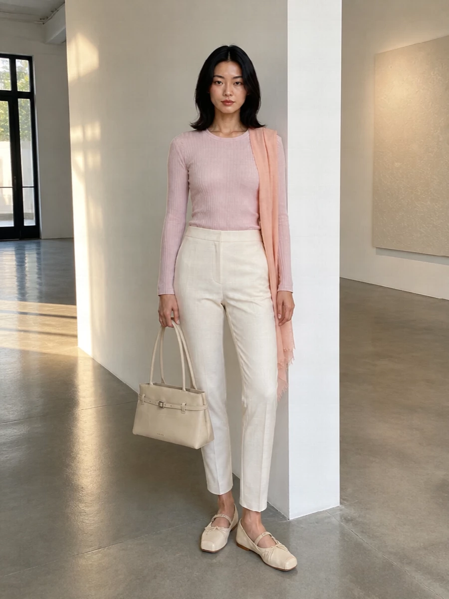 Soft blush knit with clean ivory tailoring creates a long, quiet line that feels refined yet relaxed for warm days. Buttercream flats and a structured pale shoulder bag keep the palette whisper-light while adding just enough definition. The blush stole is an optional veil of colour that ties the romantic tones together without overwhelming the simplicity.