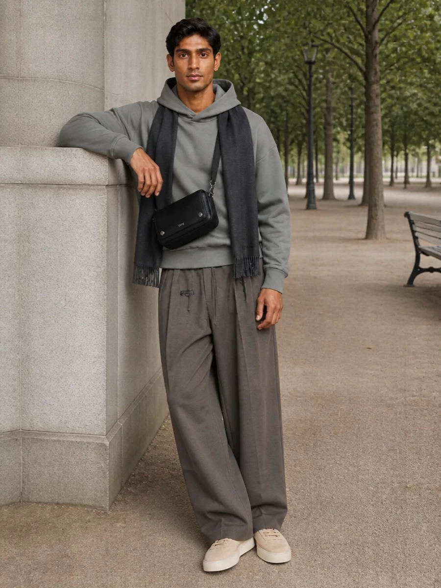 Fear of god taupe trouser grey hoodie outfit