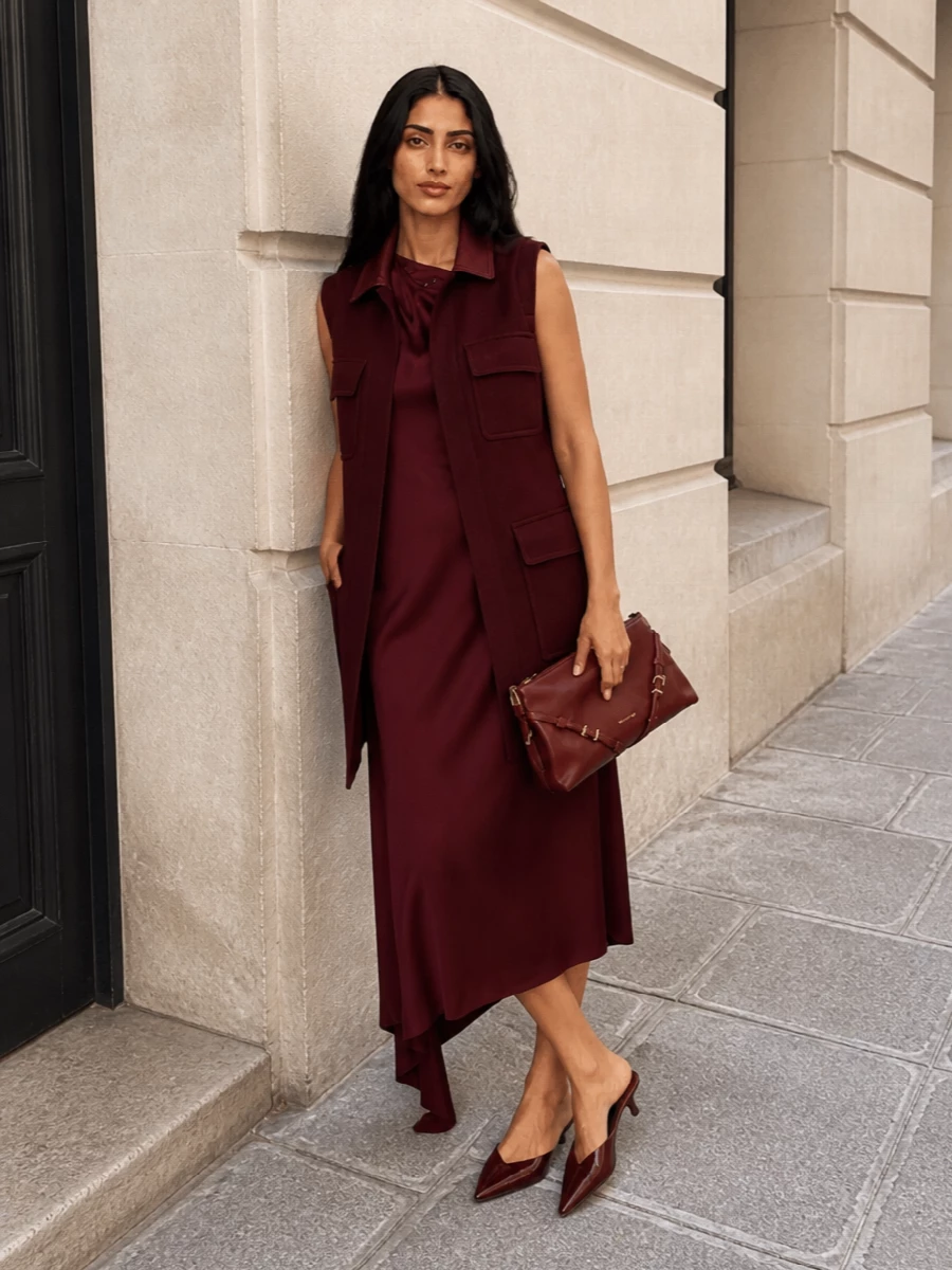 Max mara burgundy gilet satin midi dress outfit