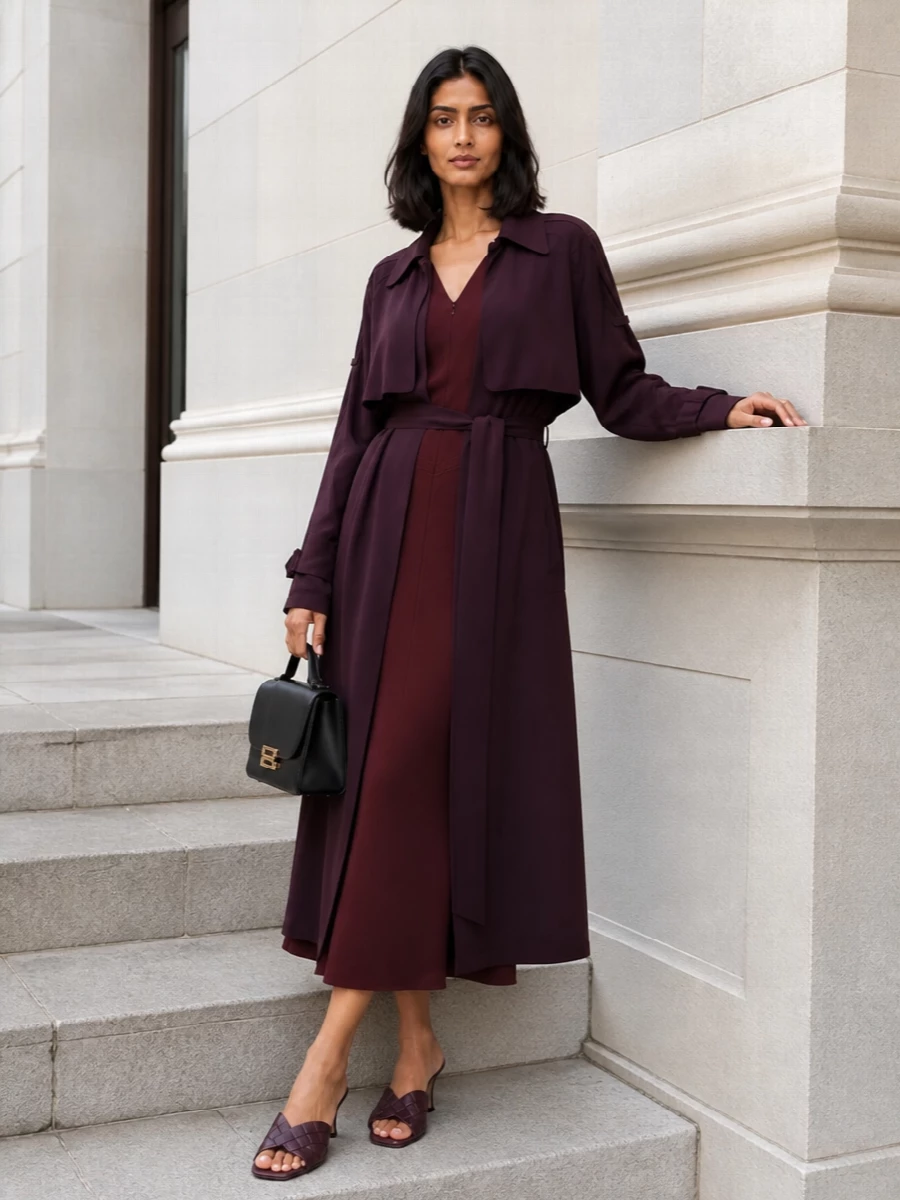 Victoria beckham plum trench burgundy midi dress