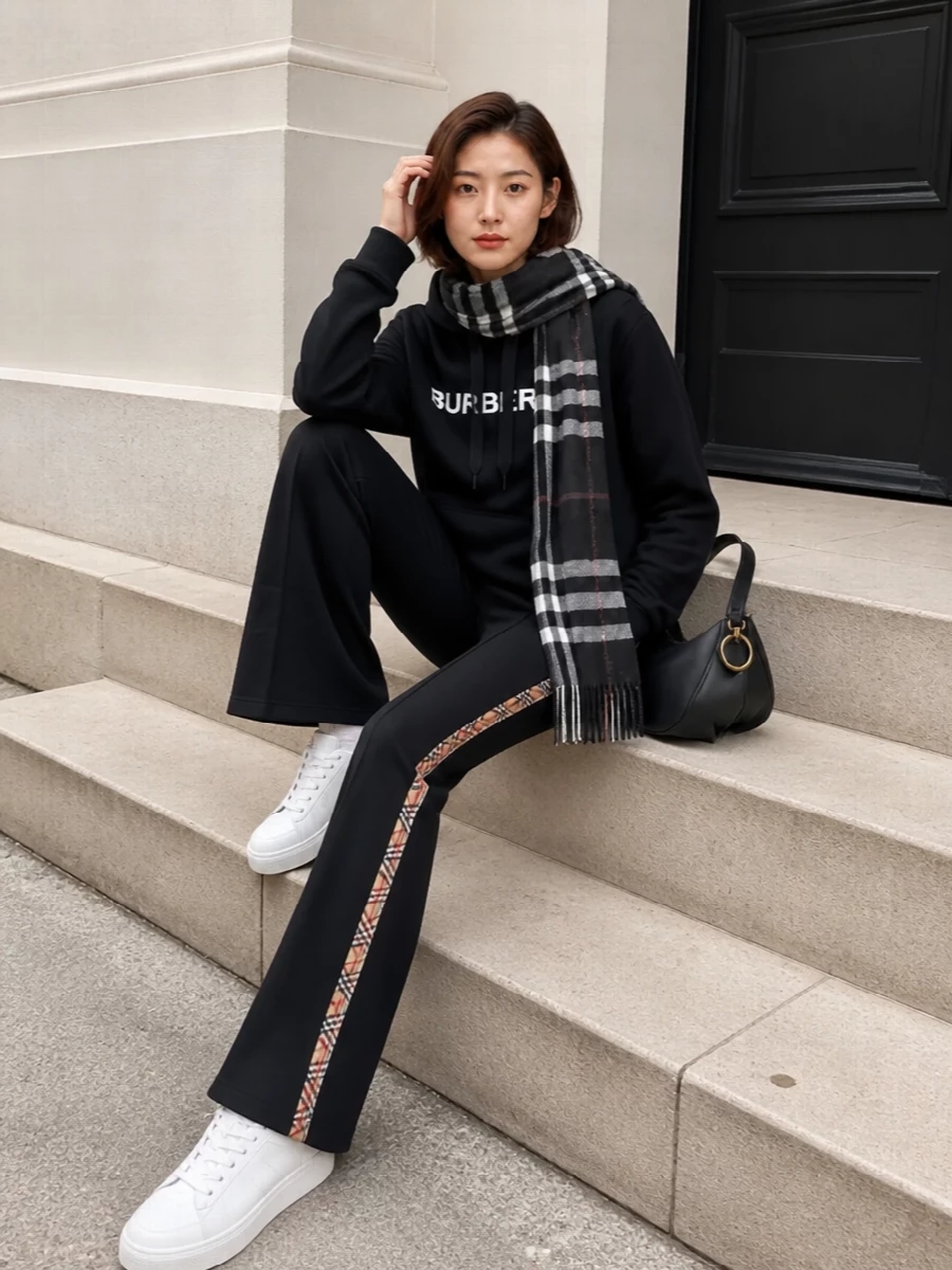 Burberry black hoodie track pants street style