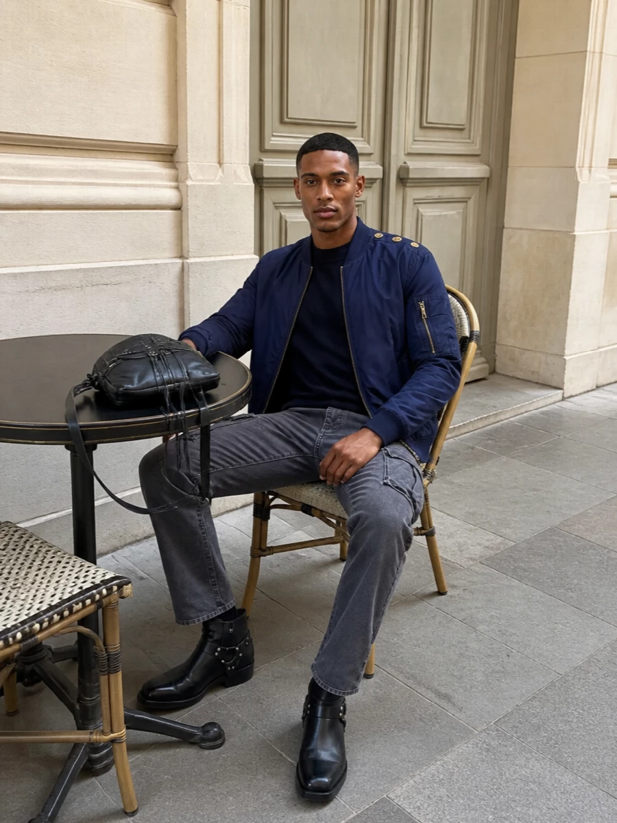 Balmain navy bomber black cargo trousers outfit