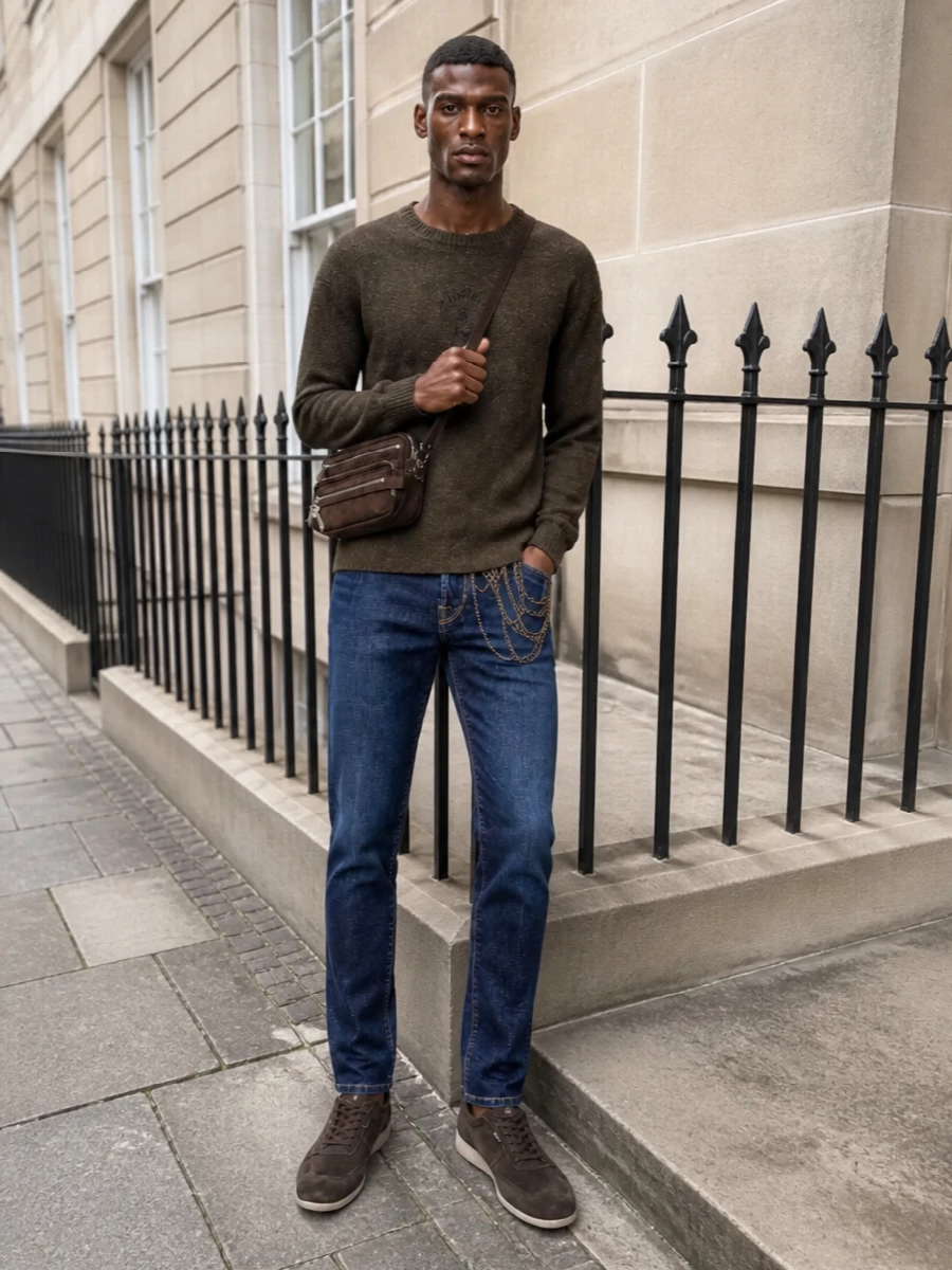 Dark indigo Jacob Cohen denim is grounded with a deep olive Margiela knit for a refined, low-key palette that still nods to streetwear attitude. Dark brown suede sneakers and a compact Acne crossbody keep the lines clean and modern, tying the rich earth tones together for relaxed city days where you still want polish.