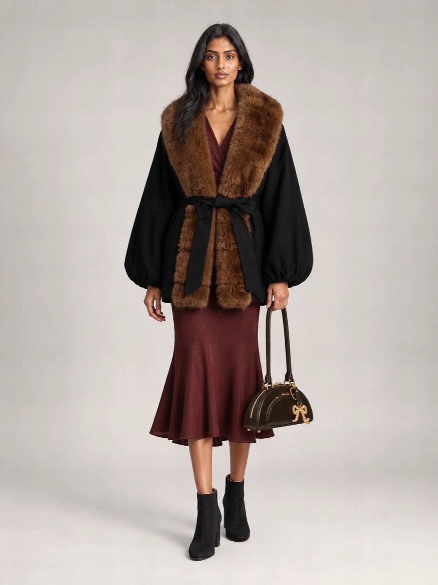 Rotate Double-Breasted Faux Fur Coat