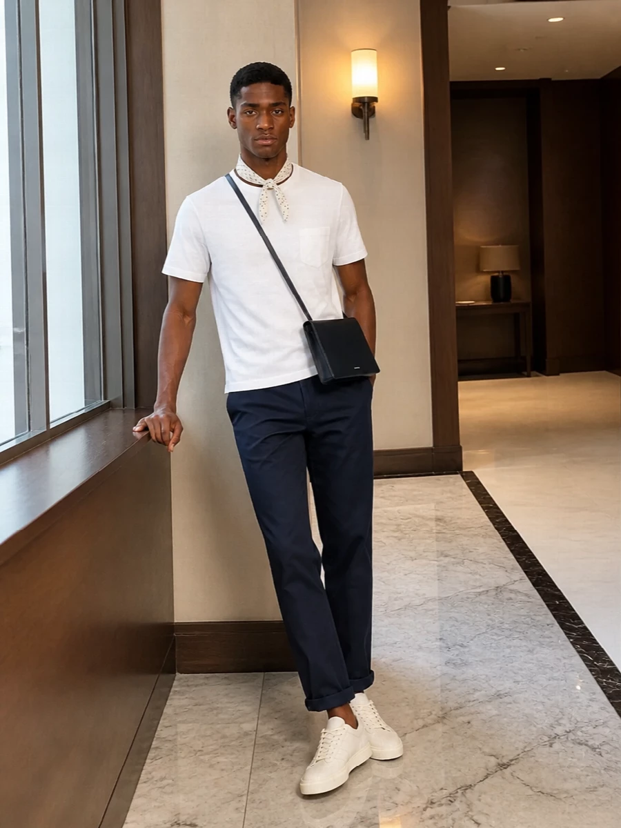 Brunello cucinelli navy trousers white tee outfit