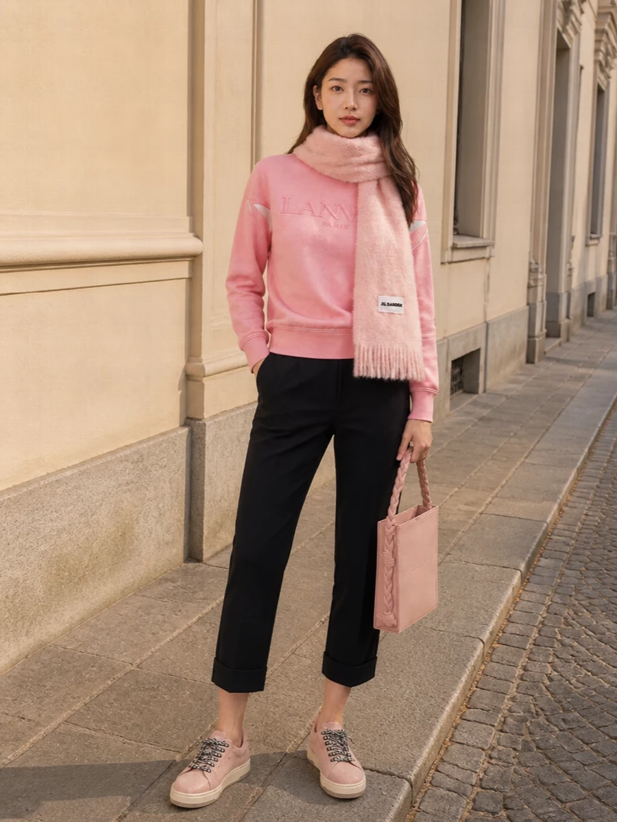 Lanvin pink sweatshirt black cropped trousers outfit