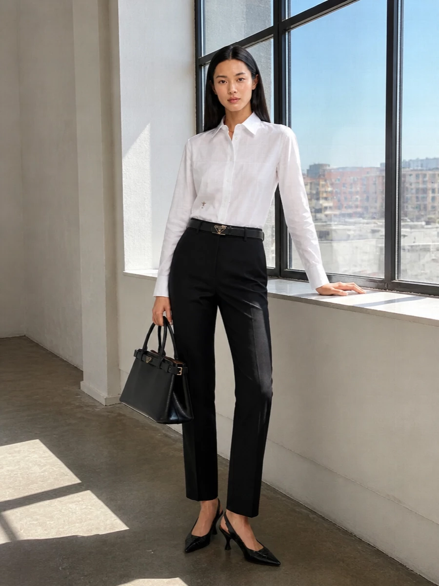 Dior white shirt black tailored trousers outfit