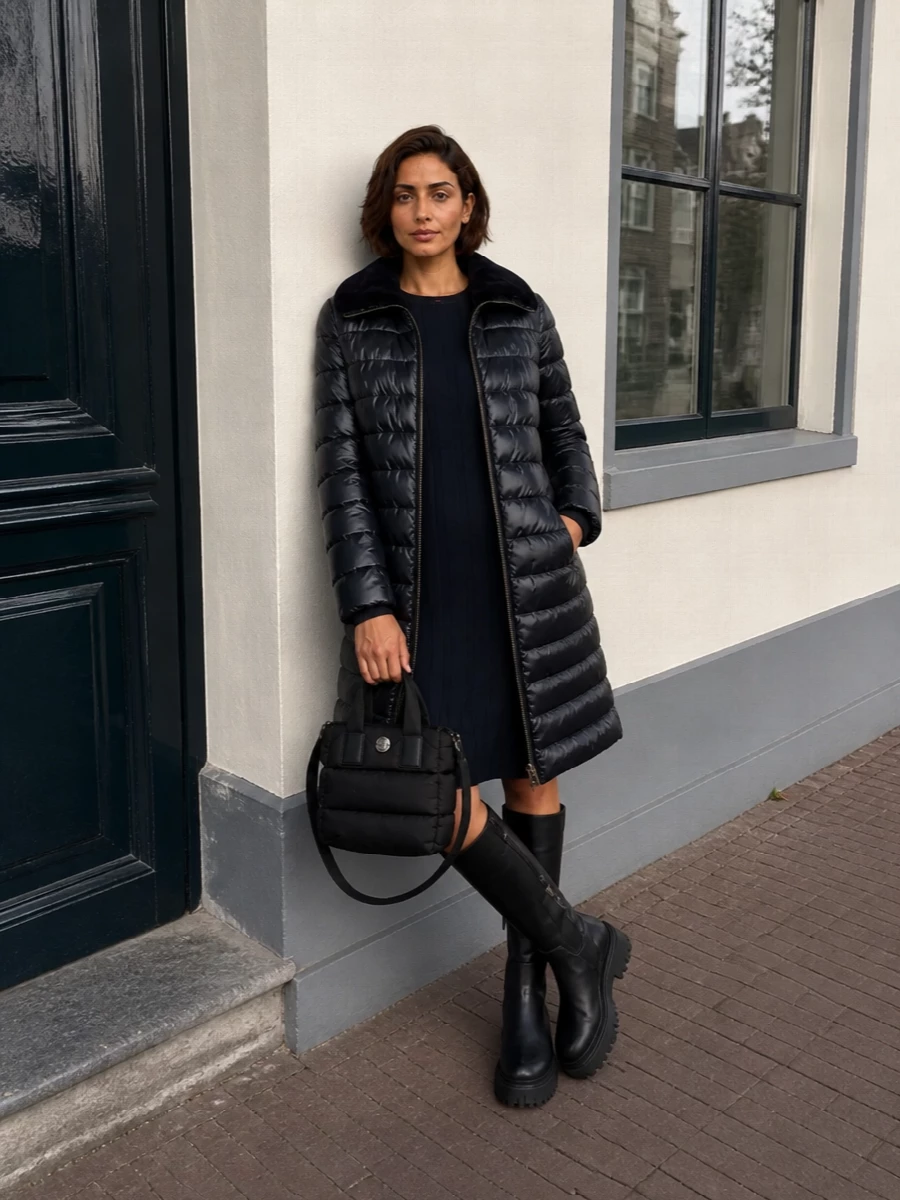 Max mara navy knit dress quilted coat outfit