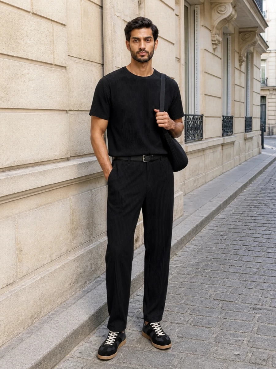 Head-to-toe pleats in deep black create a clean, columnar line that reads sharp yet relaxed. The Margiela sneakers introduce just enough contrast and texture to keep the set from feeling severe. A slim woven belt and sculptural crossbody finish it with discreet structure and a gallery-ready, city-uniform attitude.