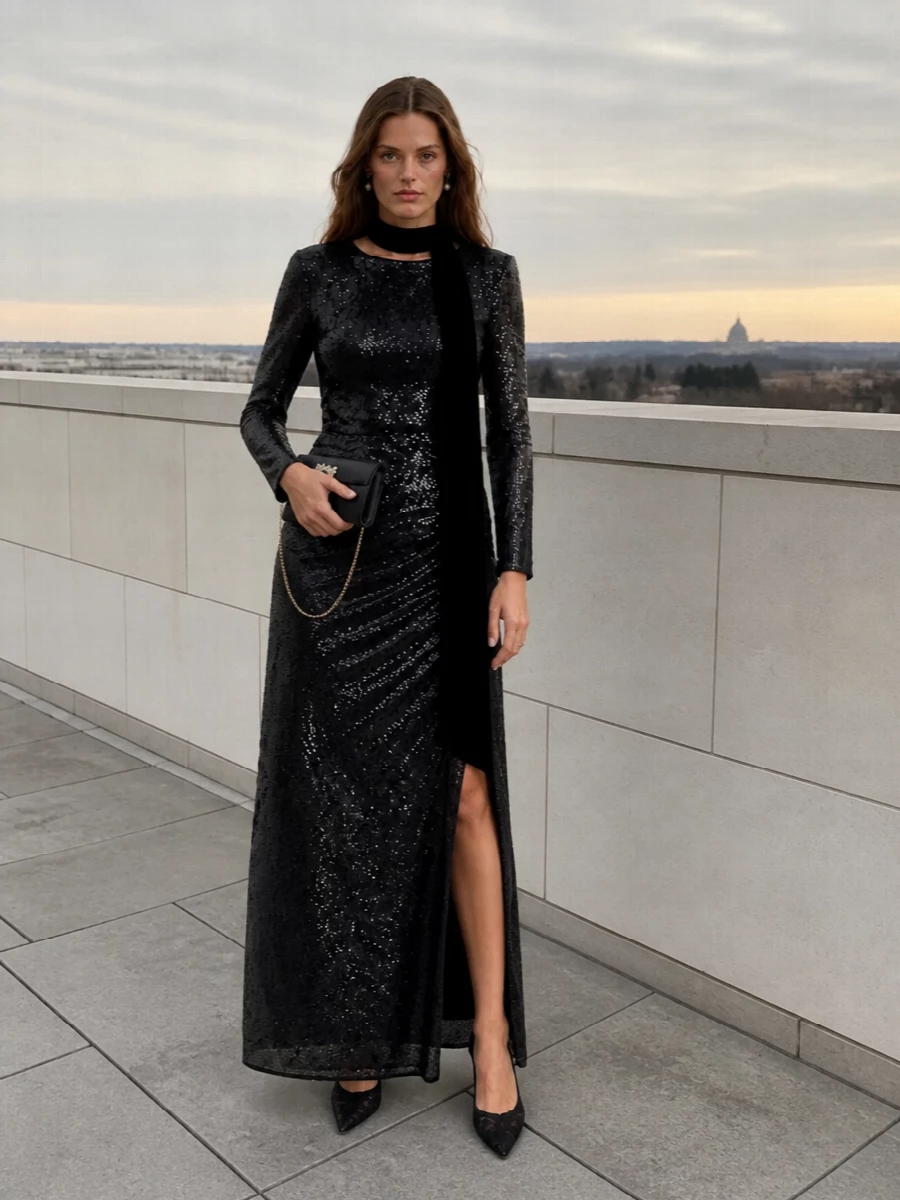 Head-to-toe black sequin and lace create a sleek, elongated evening silhouette that feels unapologetically dramatic yet controlled. Lace slingbacks and a crystal-buckled mini bag sit within the same polished register, while pearl-drop studs and a velvet scarf add just enough softness and texture near the face. The result is a winter gala ensemble that reads rich, cohesive and deliberately monochrome rather than busy with color or competing shine.