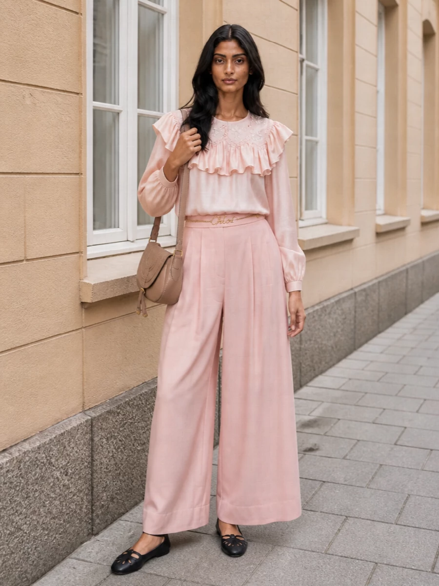 Soft blush tones run head to toe, pairing the ruffled blouse with fluid high-waisted wide-leg trousers for a romantic, quietly polished ensemble. The ankle-strap ballet flats and blush saddle bag keep the mood feminine yet relaxed, while the fine chain belt adds just enough structure at the waist. It is an easy city outfit for days when you want softness with considered tailoring.