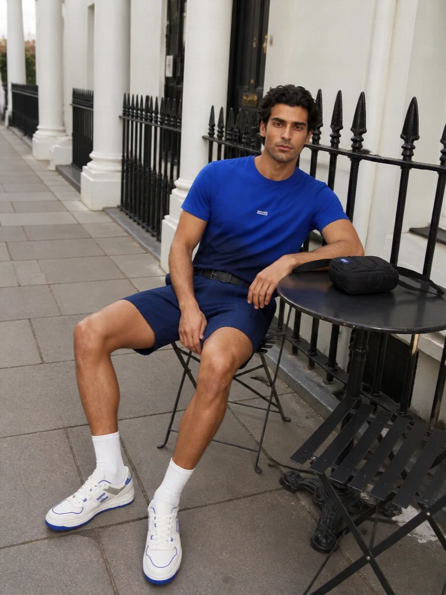 Hugo blue dip dye tee navy swim shorts outfit