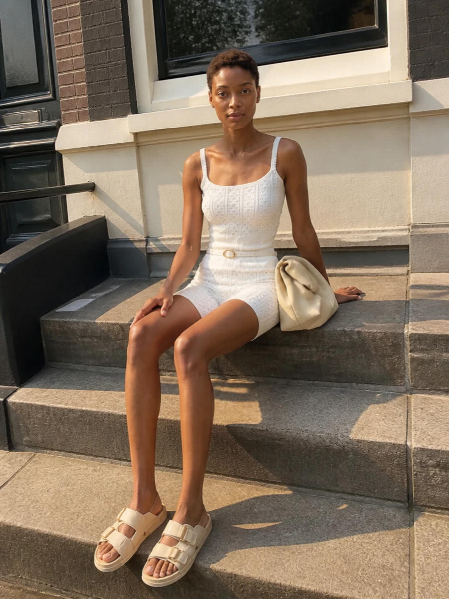 A fully tonal knit pairing turns the JW Anderson shorts into a modern, intimate set, all clean lines and soft geometry. Creamy flat slides and a padded shoulder bag keep the mood low-key yet considered, while a slender white belt quietly defines the waist so the high-rise shorts read intentional rather than loungewear. It is an easy warm-weather uniform that moves from home to city with the same quiet confidence.