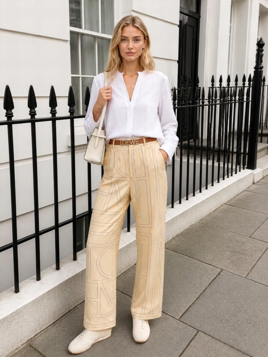 A collarless white Totême shirt and the butter monogram trousers create a soft, graphic column in clean neutrals. Cream sneakers keep it grounded for city days, while the structured ivory crossbody and slim tan belt add quiet definition and polish. The result is relaxed, minimal and quietly confident from coffee runs to gallery afternoons.