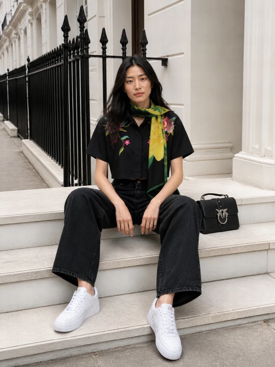 Kenzo floral shirt wide leg jeans sneakers