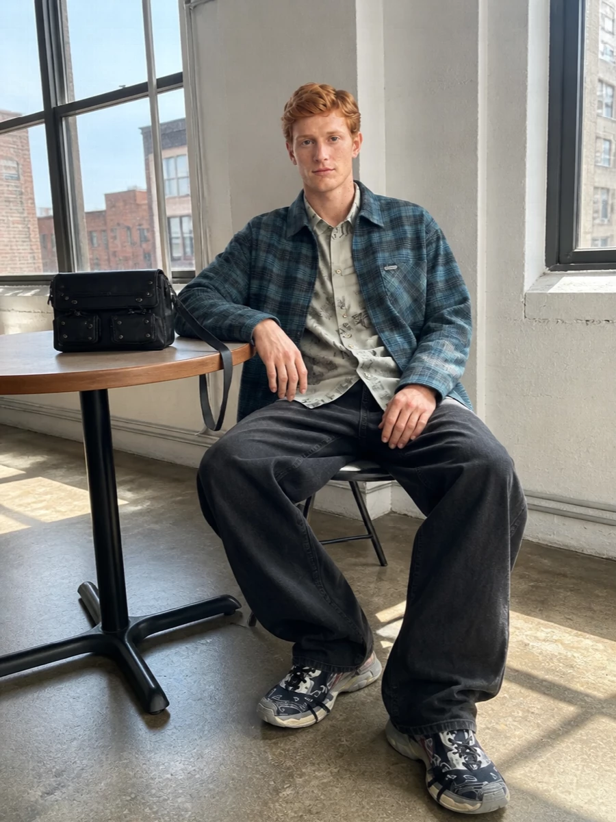 Balenciaga wide leg jeans check overshirt outfit